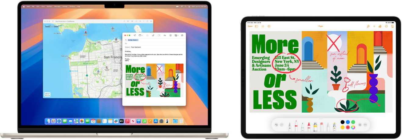 并排显示的 MacBook Air 和 iPad。iPad 屏幕显示带有注解的传单。MacBook Air 屏幕显示“邮件”中的一封邮件，其中附件为来自 iPad 的带注解的传单。