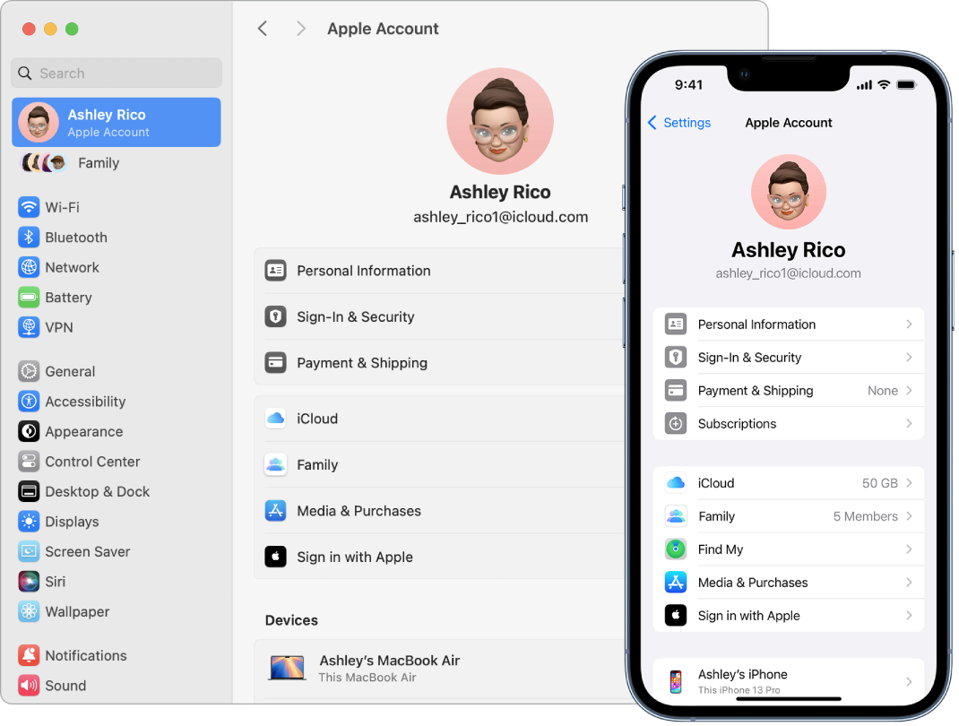 iPhone 和 Mac 上的 iCloud 设置。