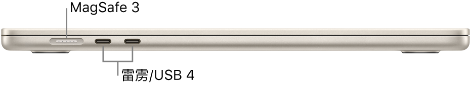 MacBook Air 的左侧视图,标注了 MagSafe 3 和雷雳/USB 4 端口。