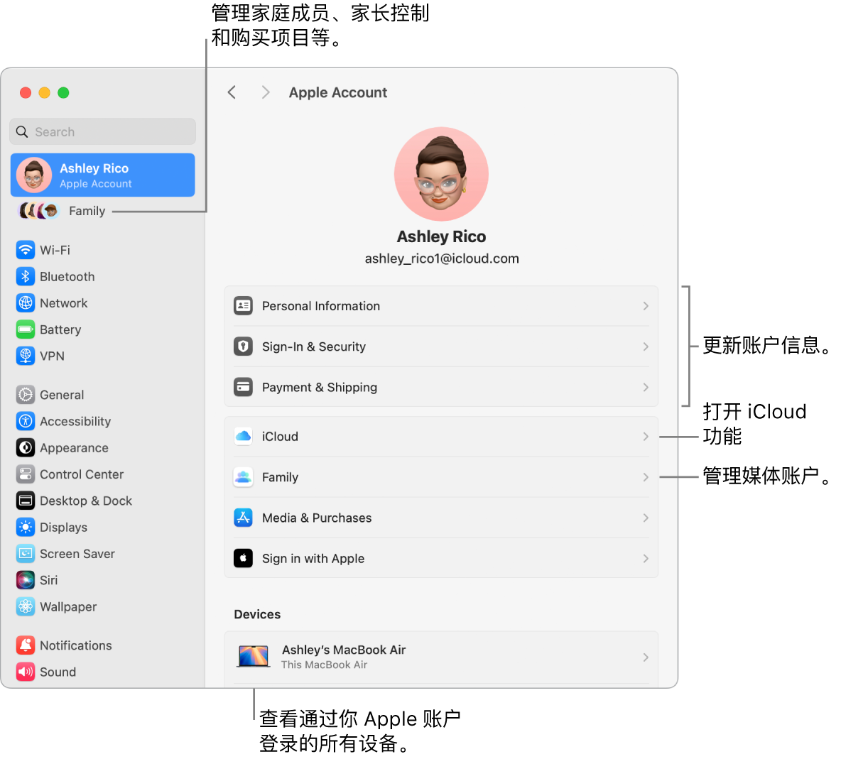 “系统设置”中的“Apple 账户”设置，包含更新账户信息、打开或关闭 iCloud 功能、管理媒体账户和“家人共享”（可在其中管理家庭成员、家长控制和购买项目等）的标注框。