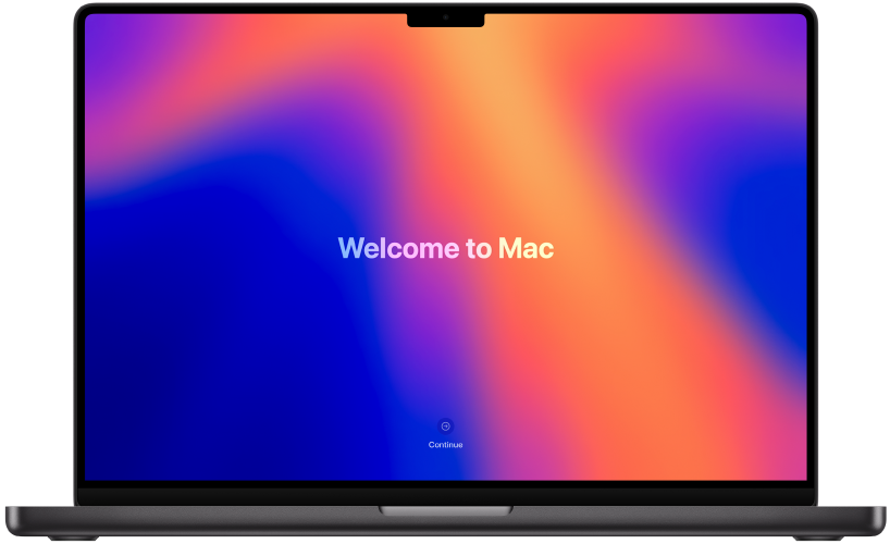 جهاز MacBook Pro مفتوح مع كلمة الترحيب "مرحبًا" وزر مكتوب عليه "بدء" على الشاشة.