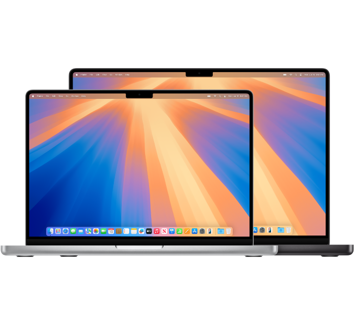 كمبيوتر MacBook Pro مقاس 14 بوصة أمام كمبيوتر MacBook Pro مقاس 16 بوصة.