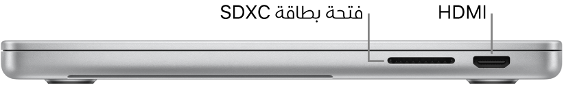 عرض للجانب الأيمن من MacBook Pro مقاس 16 بوصة مع وسائل شرح لفتحة بطاقة SDXC ومنفذ ثندربولت 4 ‏(USB-C) ومنفذ HDMI.