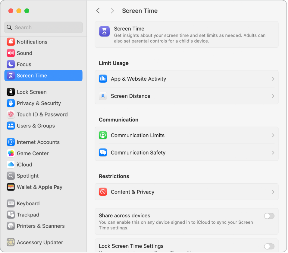 Прозорец с настройки Screen Time (Екранно време), който показва опции да се видят App Usage (Използване на приложения), Notifications (Настройки) и Pickups (Преглеждания), както и опции за управление на Screen Time (Екранно време), например насрочване на Downtime (Покой), настройване на App and Communication Limits (Лимити за приложения и комуникация) и други.