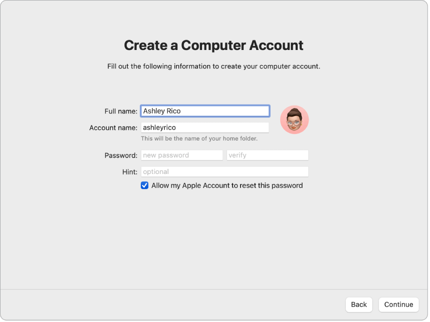 Екран със Setup Assistant (Помощник за настройка), на който е изписано „Create a Computer Account”(„Създаване на регистрация на компютър“).