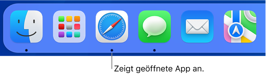 Ein Ausschnitt des Docks, in dem schwarze Punkte unter geöffneten Apps angezeigt werden.