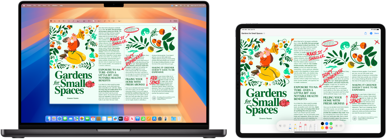 A MacBook Pro and an iPad sit side by side. The MacBook Pro shows art within the navigator window of Illustrator. The iPad shows the same art in the document window of Illustrator, surrounded by toolbars.