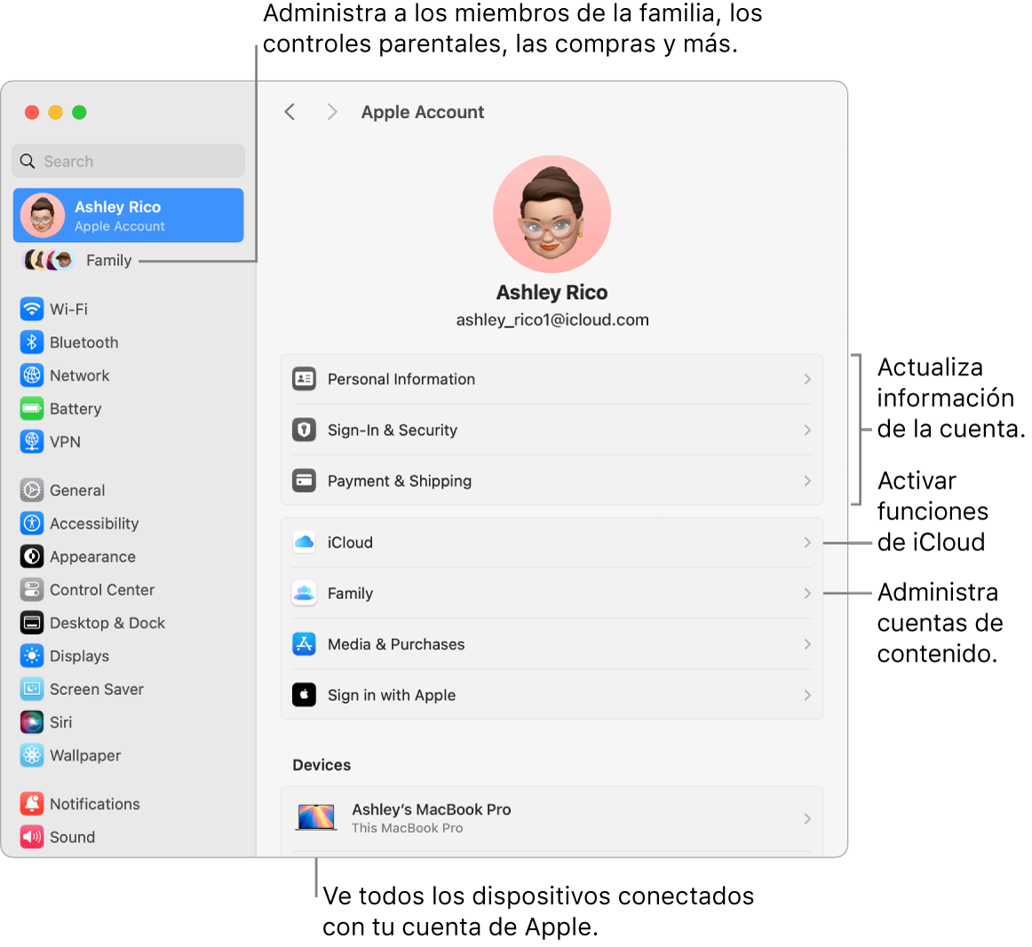 La configuración de la cuenta de Apple en Configuración del Sistema con textos para actualizar la información de la cuenta, activar o desactivar funciones de iCloud, administrar cuentas de contenido, y Familia, donde puedes administrar familiares, controles parentales, compras y más.