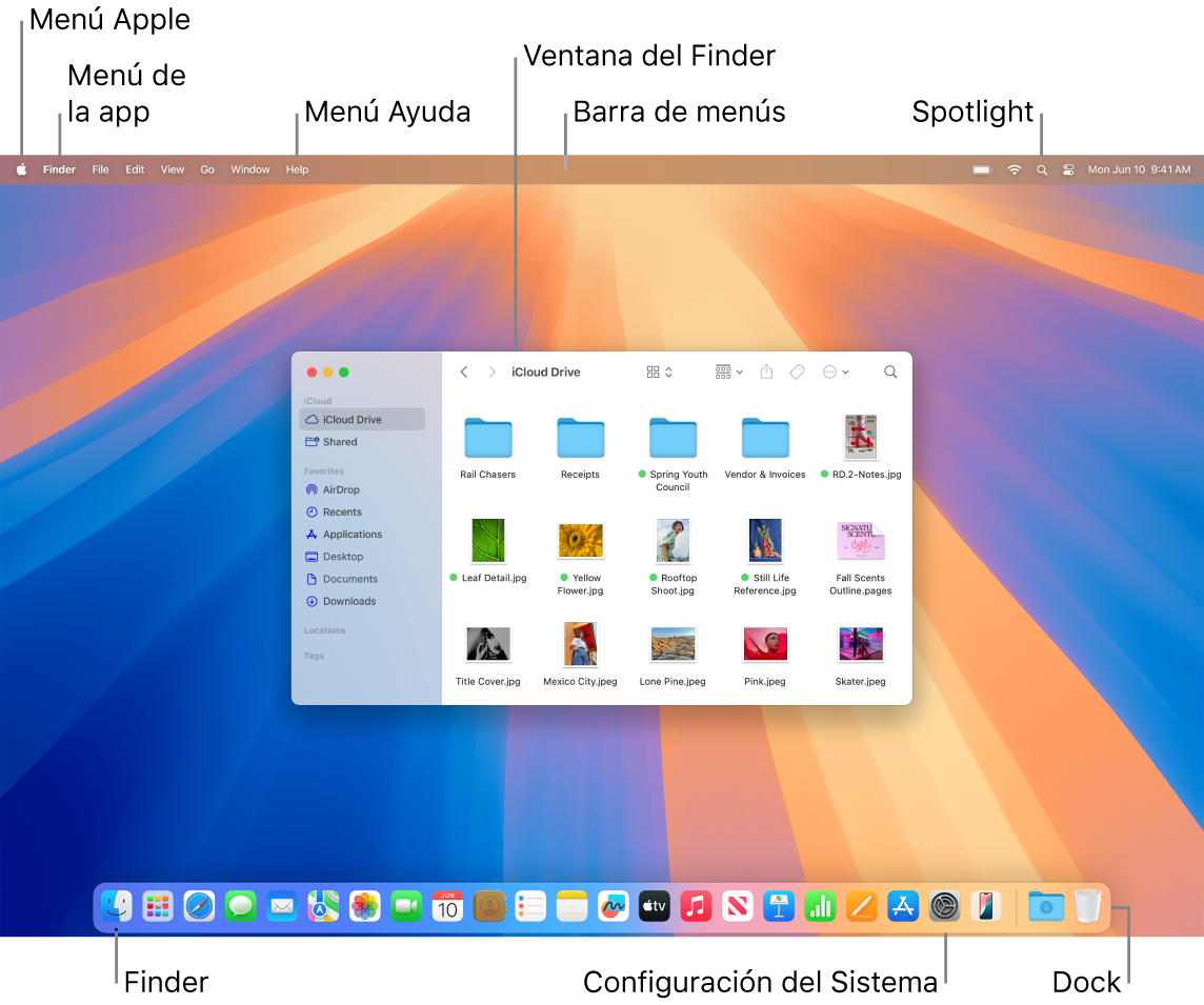 La pantalla de una Mac mostrando el menú Apple, el menú App, el menú Ayuda, una ventana del Finder, la barra de menús, el ícono de Spotlight, el ícono del Finder, el ícono de Configuración del Sistema y el Dock.