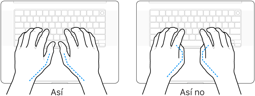 Manos colocadas sobre un teclado que muestran una posición correcta e incorrecta de los pulgares.