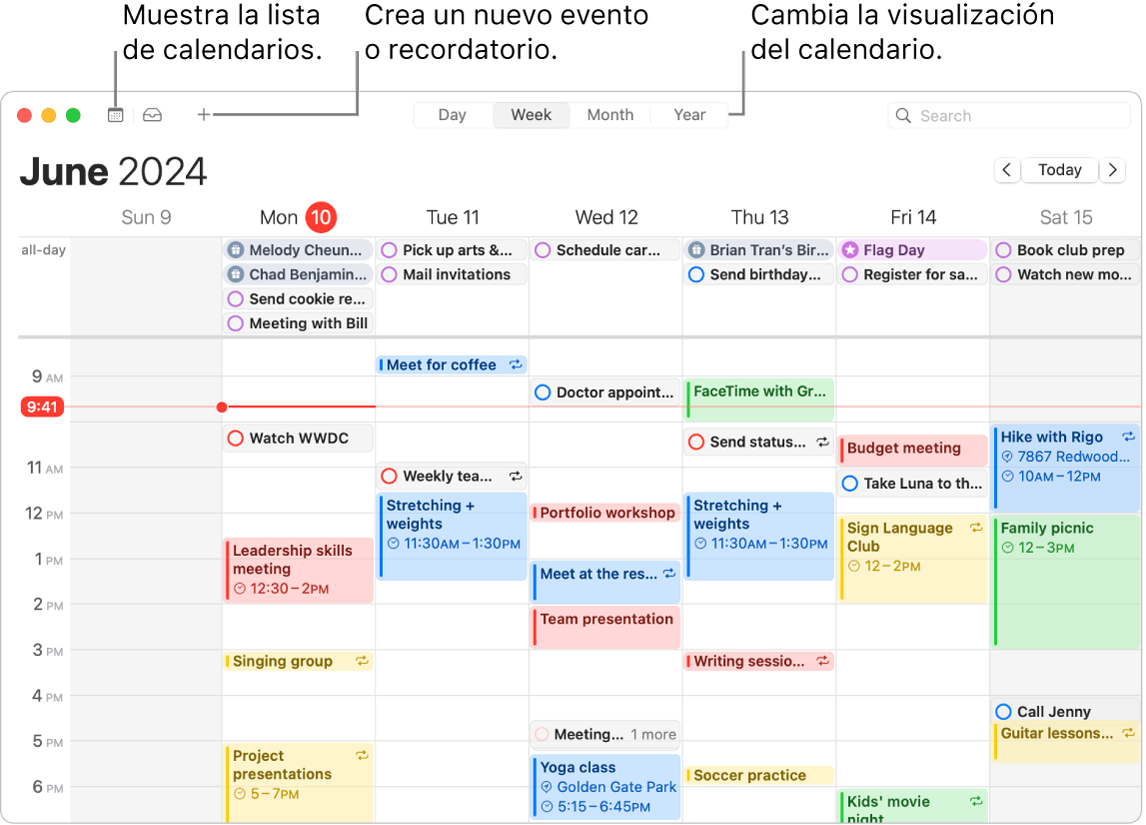 Una ventana de Calendario muestra todos los eventos y recordatorios programados para la semana. Unas flechas apuntan a los botones que muestran la lista de calendarios y las opciones para crear un evento o recordatorio y para cambiar la vista a Día, Semana, Mes o Año.