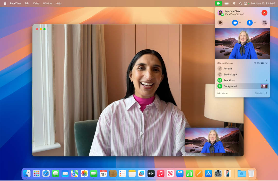 Una ventana de FaceTime muestra efectos de vídeo, incluidos botones para reemplazar el fondo.