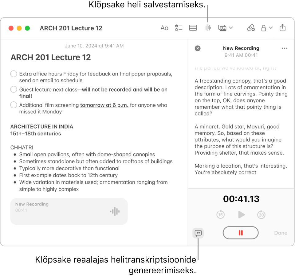 Rakenduse Notes aknas kuvatakse märget kontroll-loendiga, täpploendiga ja helisalvestisega. Avatud on aken Audio Details ning selles kuvatakse helisalvestise transkriptsiooni.