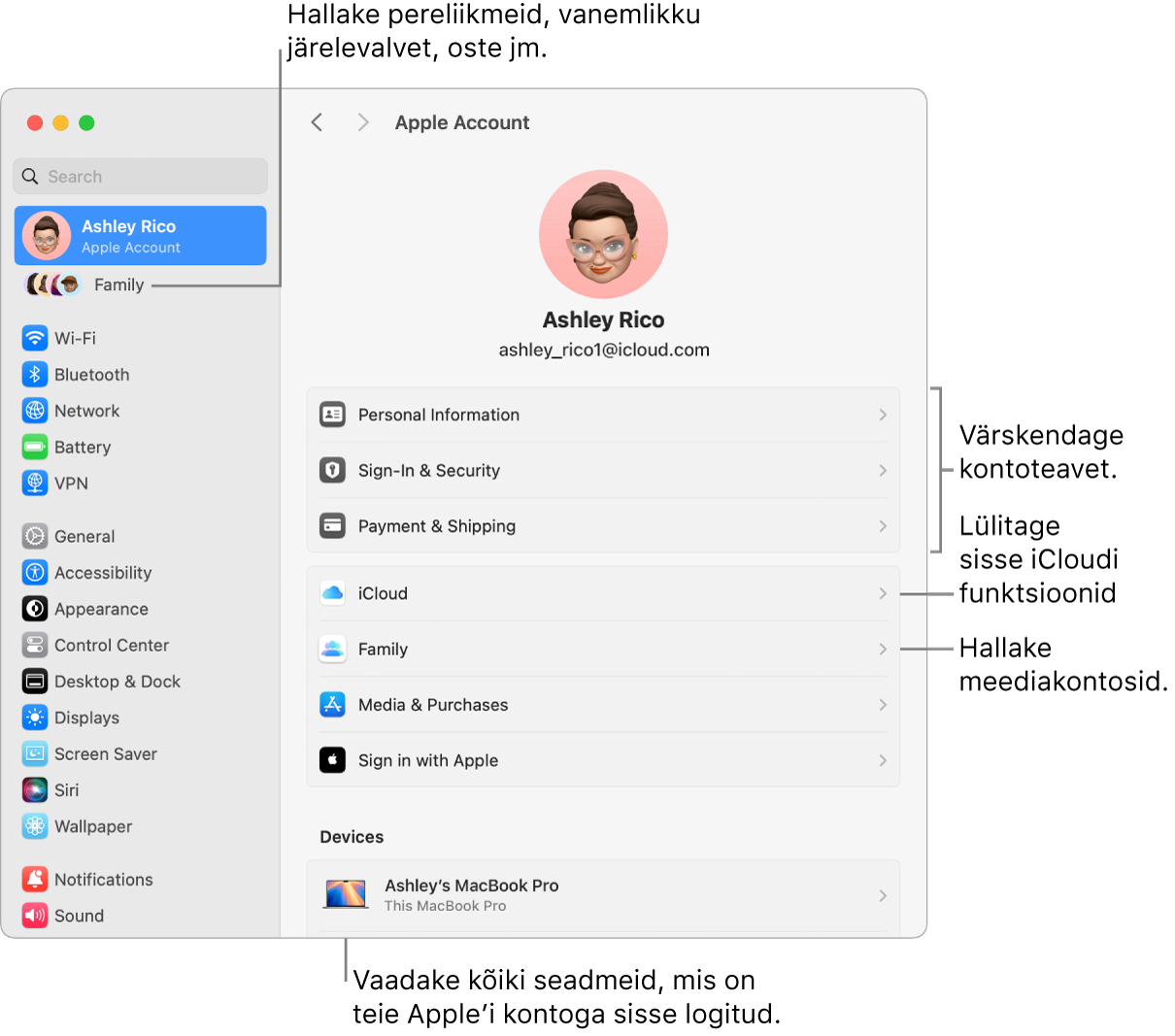 Apple’i konto seaded jaotises System Settings väljaviikudega kontoinfo värskendamiseks, iCloudi funktsioonide sisse või välja lülitamiseks, meediakontode haldamiseks ning jaotis Family, kust saate hallata pereliikmeid, vanemlikku järelevalvet, oste jm.