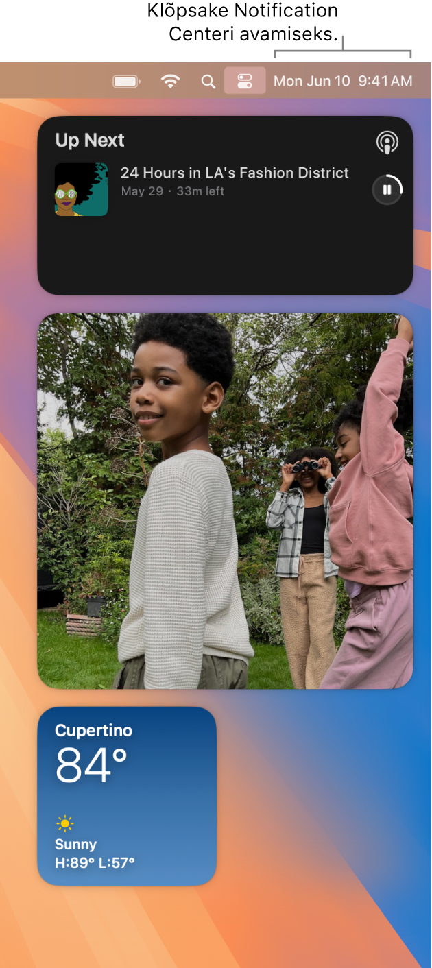 Notification Center rakenduste Photos, Home, Calendar ja ScreenTime märguannetega ja vidinatega.