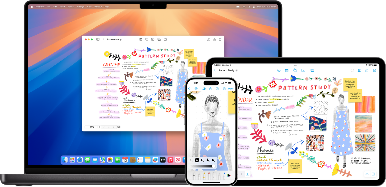 Mac, iPhone et iPad affichant le même tableau Freeform.