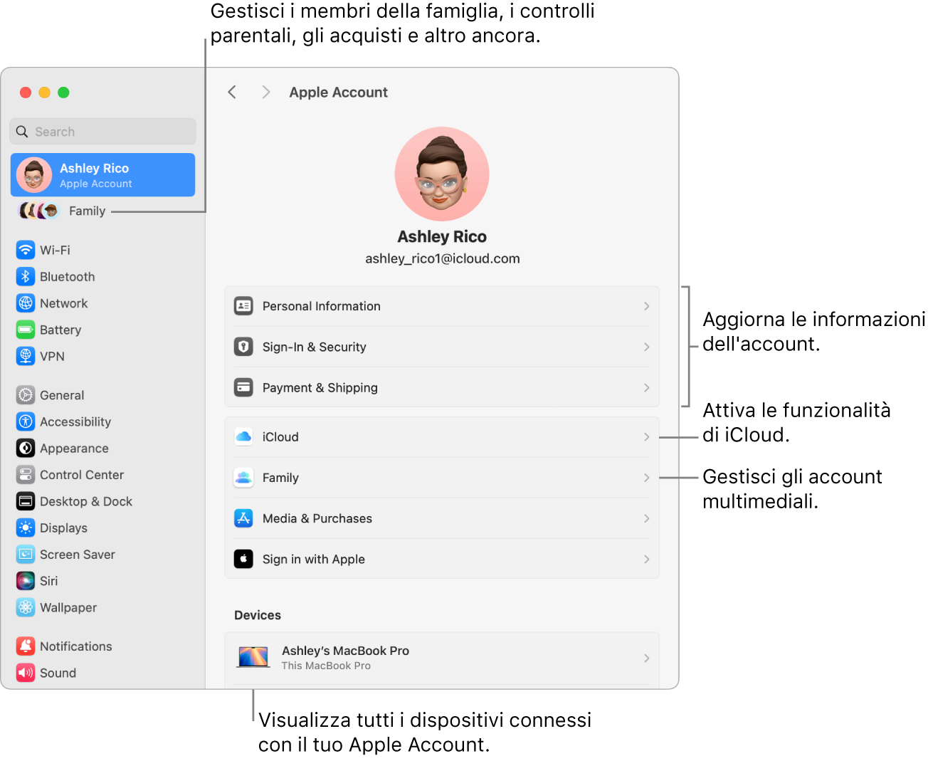 Le impostazioni di Apple Account in Impostazioni di Sistema, con didascalie per aggiornare le informazioni dell’account, attivare o disattivare le funzionalità di iCloud, gestire gli account multimediali e Famiglia, dove puoi gestire i membri del gruppo familiare, i controlli parentali, gli acquisti e altro ancora.