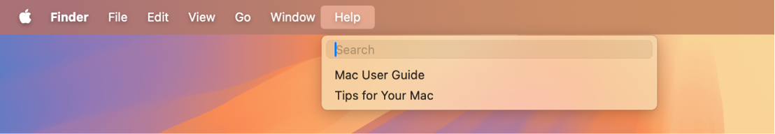 Search және macOS Help мәзір параметрлерін көрсетіп тұрған Help мәзірі ашық жартылай жұмыс үстелі.