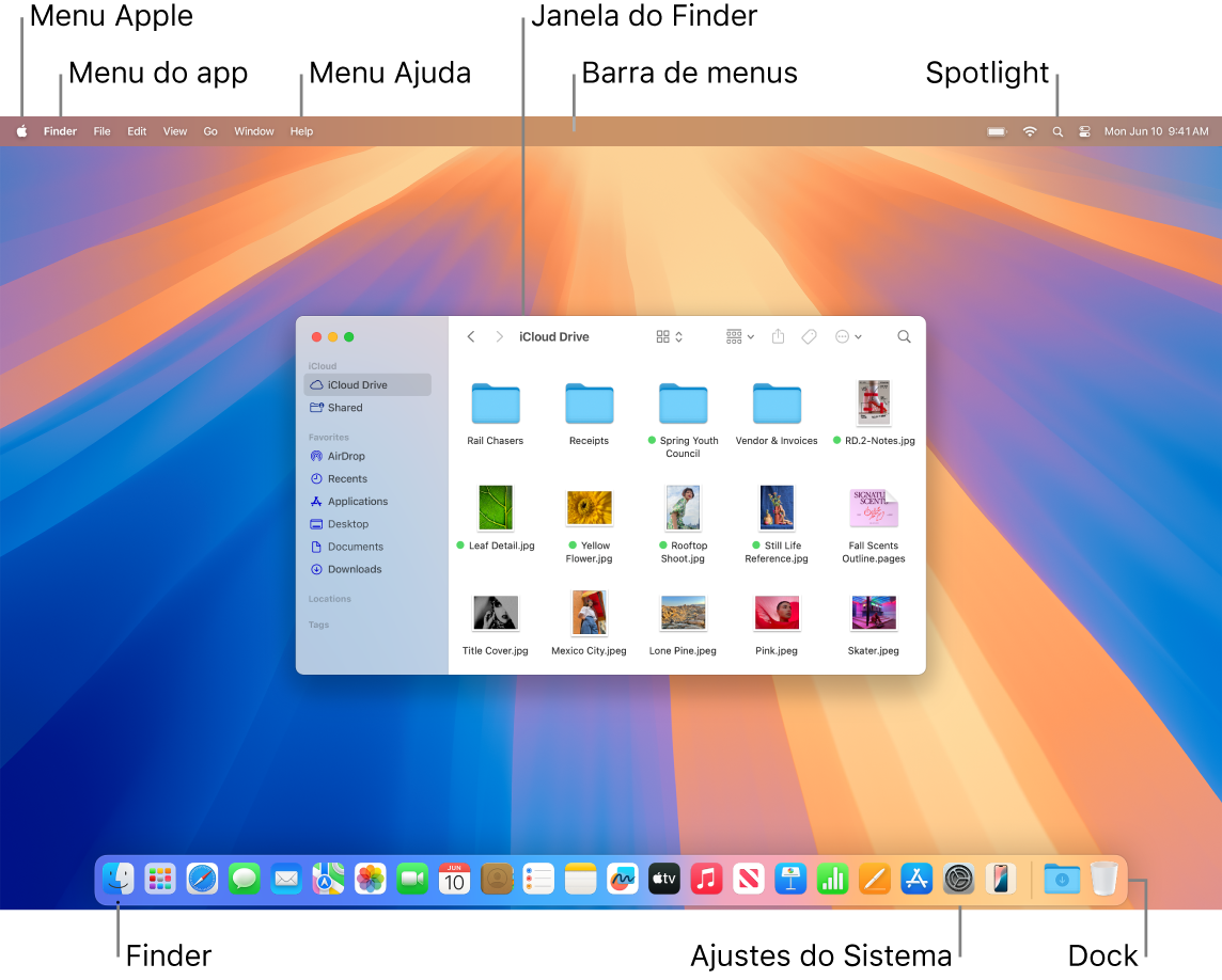 Tela do Mac mostrando o menu Apple, o menu App, o menu Ajuda, uma janela do Finder, a barra de menus, o ícone do Spotlight, o ícone do Finder, o ícone dos Ajustes do Sistema e o Dock.