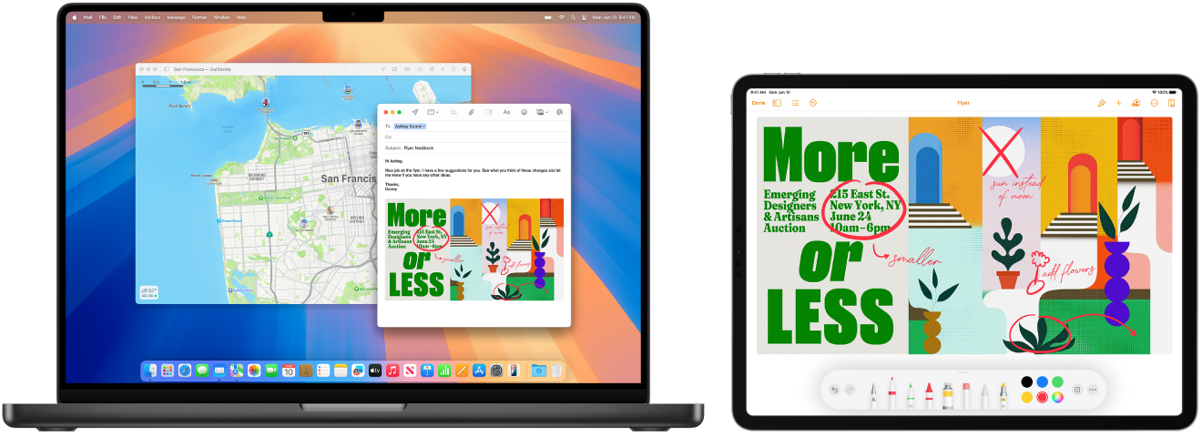 Um MacBook Pro e um iPad lado a lado. O ecrã do iPad mostra um panfleto com anotações. O ecrã do MacBook Pro tem uma mensagem do Mail com um panfleto anotado do iPad como anexo.
