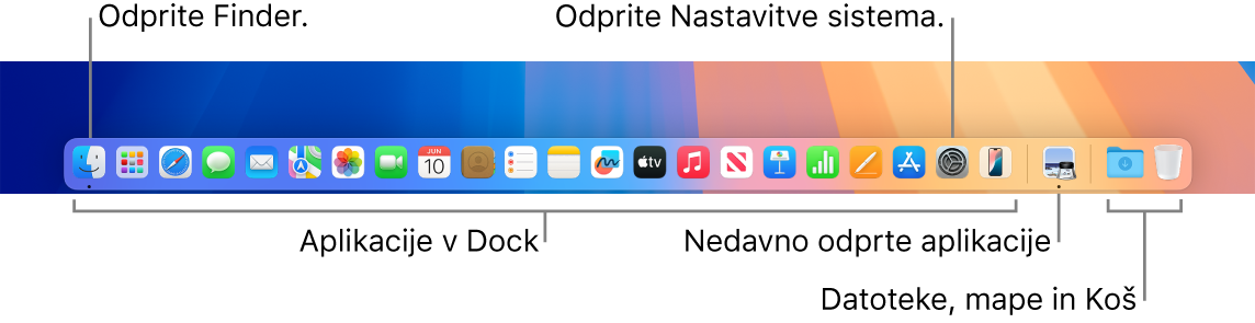 Vrstica Dock s prikazom aplikacije Finder, System Settings in razdelilnikom v vrstici Dock, ki ločuje aplikacije od datotek in map.