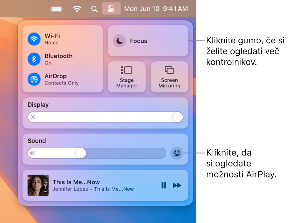 Približan pogled središča Control Center v računalniku Mac s sklicem na gumb »Display« (Prikaz).