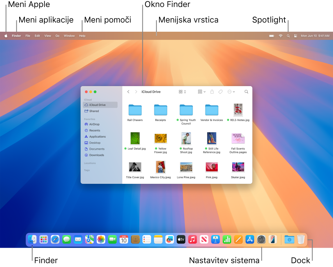 Zaslon Mac s prikazom menija Apple, menija z aplikacijami, menija Help, okna Finder, menijske vrstice, ikone Spotlight, ikone Finder, ikone System Settings in vrstice Dock.