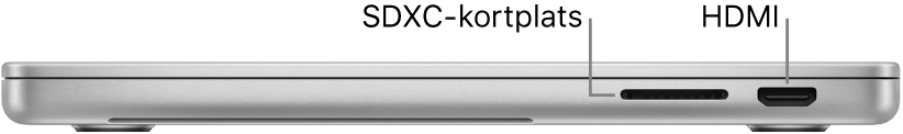 Högra sidan på 16-tums MacBook Pro med streck som pekar mot SDXC-kortplatsen, Thunderbolt 4 (USB-C)-porten och HDMI-porten.