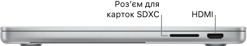 Права сторона 16-дюймового MacBook Pro з виносками на роз’єм для карток SDXC, порт Thunderbolt 4 (USB-C) та порт HDMI.