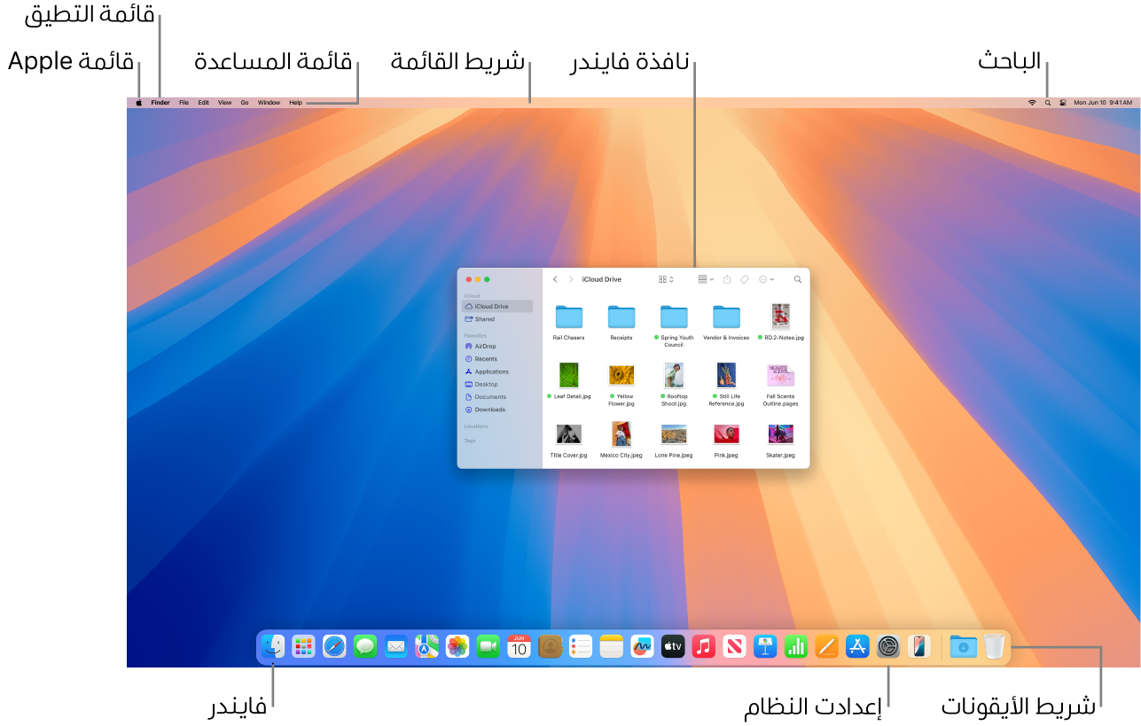 شاشة Mac تعرض قائمة Apple والقائمة مساعدة وشريط القائمة ونافذة فايندر وأيقونة الباحث وأيقونة فايندر وأيقونة إعدادات النظام وشريط الأيقونات.