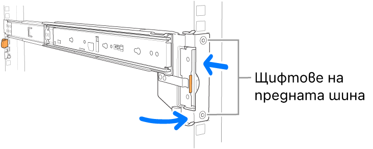 Илюстрация на монтажна релса с показано положението на предните щифтове на релсата.