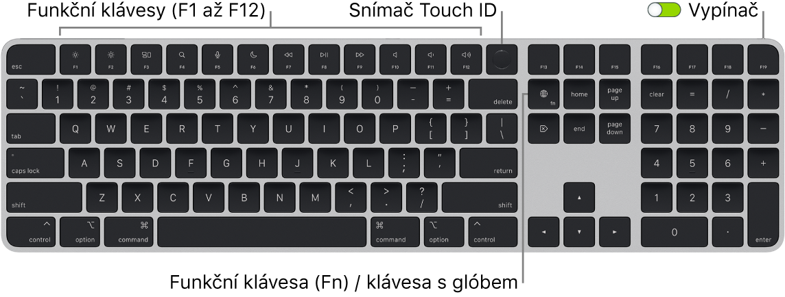 Klávesnice Magic Keyboard s Touch ID a numerickou klávesnicí, na které je vidět řada funkčních kláves a snímač Touch ID u horního okraje a funkční klávesa Fn / klávesa s glóbem napravo od klávesy Delete