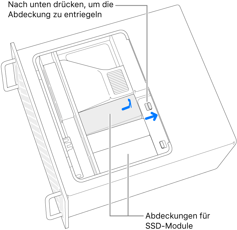 Der Schalter wird nach rechts bewegt, um die SSD-Abdeckung zu entsperren.