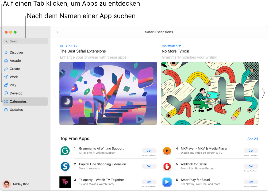 Das App Store-Fenster zeigt das Suchfeld und eine Seite mit Safari-Erweiterungen.