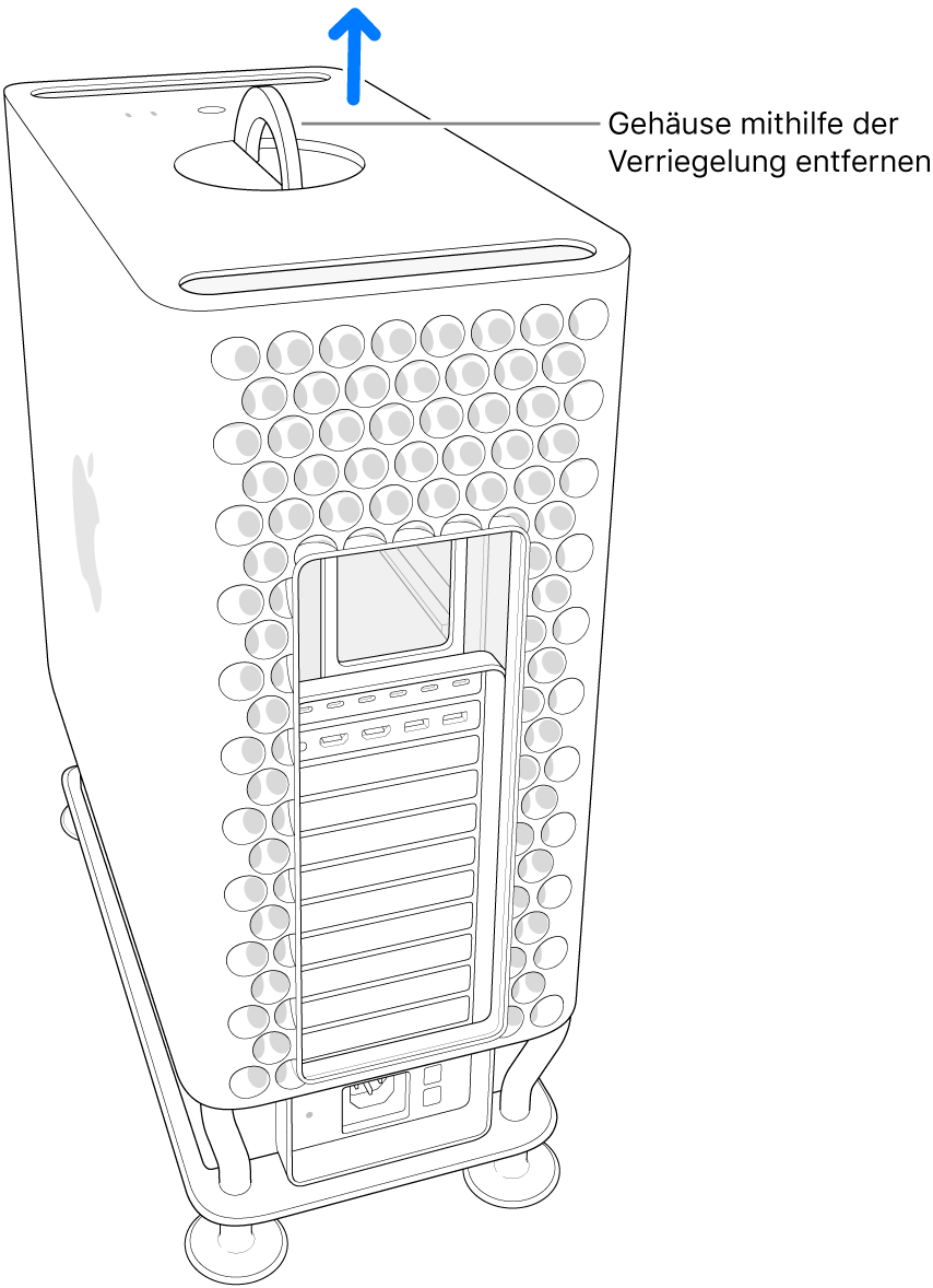 Die Verriegelung ist gedreht und steht senkrecht; das Gehäuse wird vom Computer abgenommen.