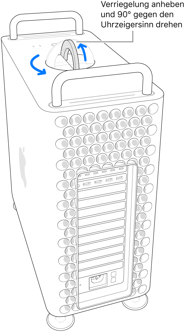 Erster Schritt zum Entfernen des Computergehäuses, indem die Verriegelung hochgeklappt und um 90 Grad gedreht wird.