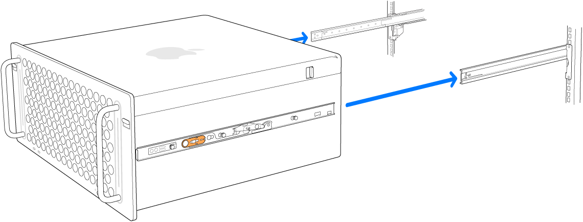 Mac Pro aligned with the rails of a rack.