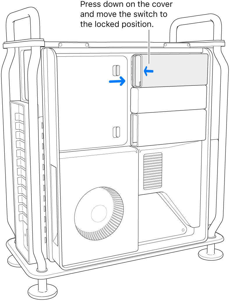 Reinstalling the SSD covers by moving the lock switch to the right and pressing down on the SSD cover.