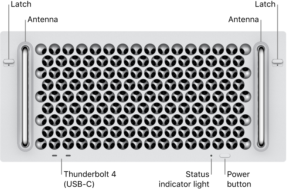 The front of Mac Pro showing two latches, two antennas, power button, status light indicator light, and two Thunderbolt 4 (USB-C) ports.