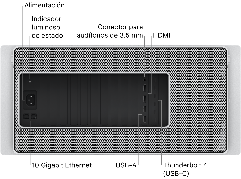 La vista trasera de la Mac Pro mostrando el puerto de corriente, un indicador luminoso de estado, un conector para audífonos de 3.5 mm, dos puertos HDMI, seis puertos Thunderbolt 4 (USB-C), dos puertos USB-A y dos puertos 10 Gigabit Ethernet.