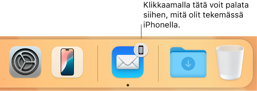 Handoff-kuvake näkyvissä Dockissa.