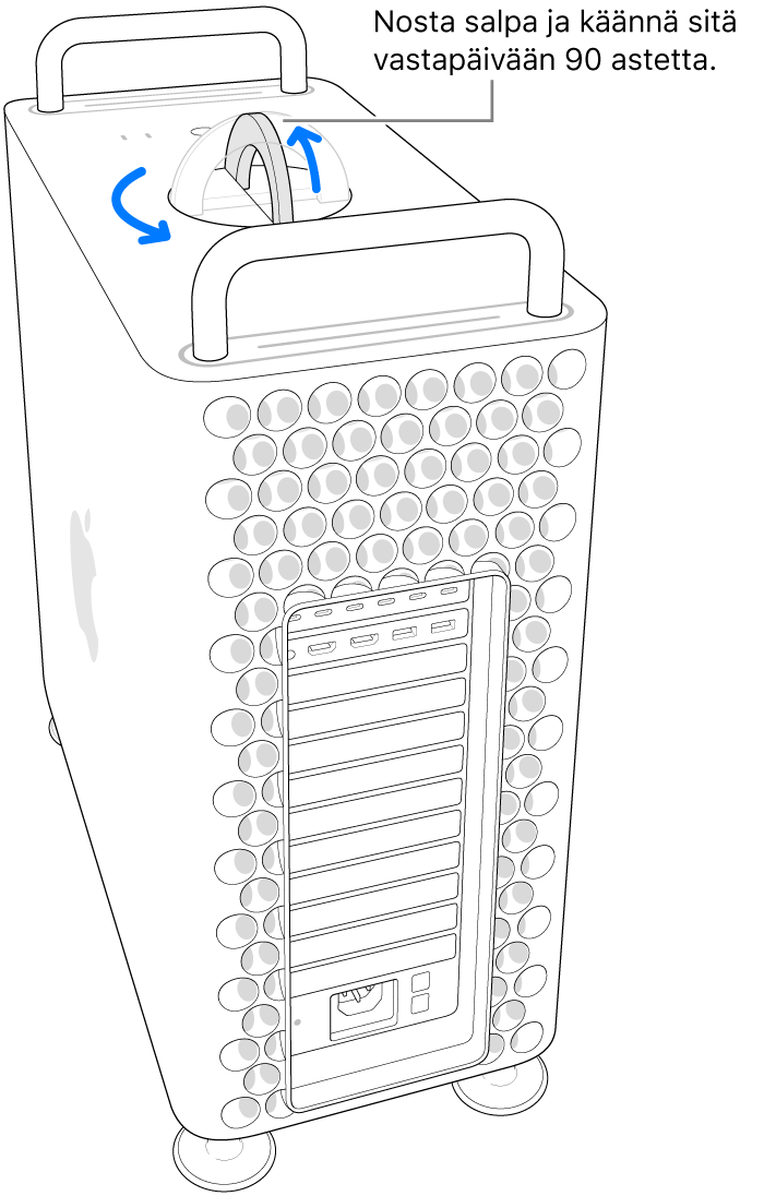 Tietokoneen kotelon poistamisen ensimmäinen vaihe, jossa salpa nostetaan ja sitä käännetään 90 astetta.