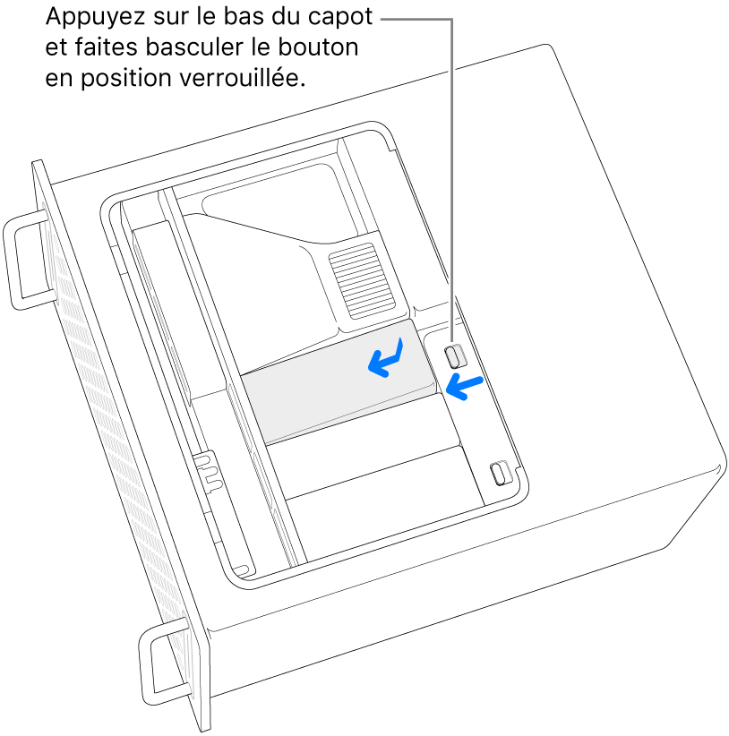 Réinstallation des caches des SSD en déplaçant le bouton de verrouillage vers la gauche et en appuyant sur le cache des SSD.