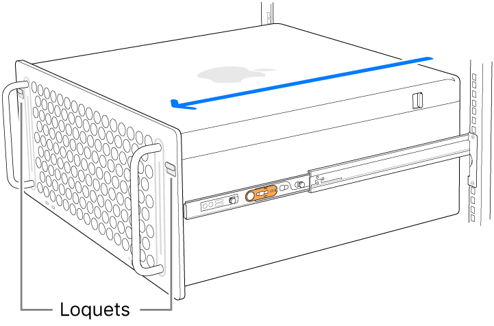 Le Mac Pro reposant sur des glissières fixées à un rack.