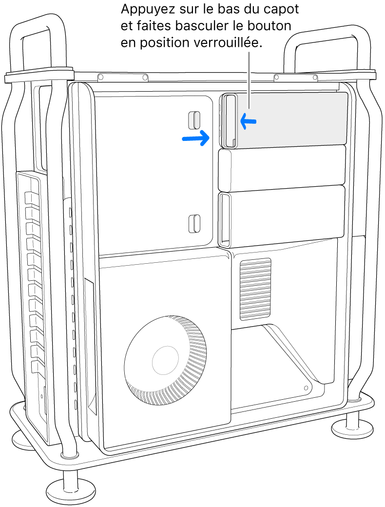 Réinstallation des caches des SSD en déplaçant le bouton de verrouillage vers la droite et en appuyant sur le cache des SSD.