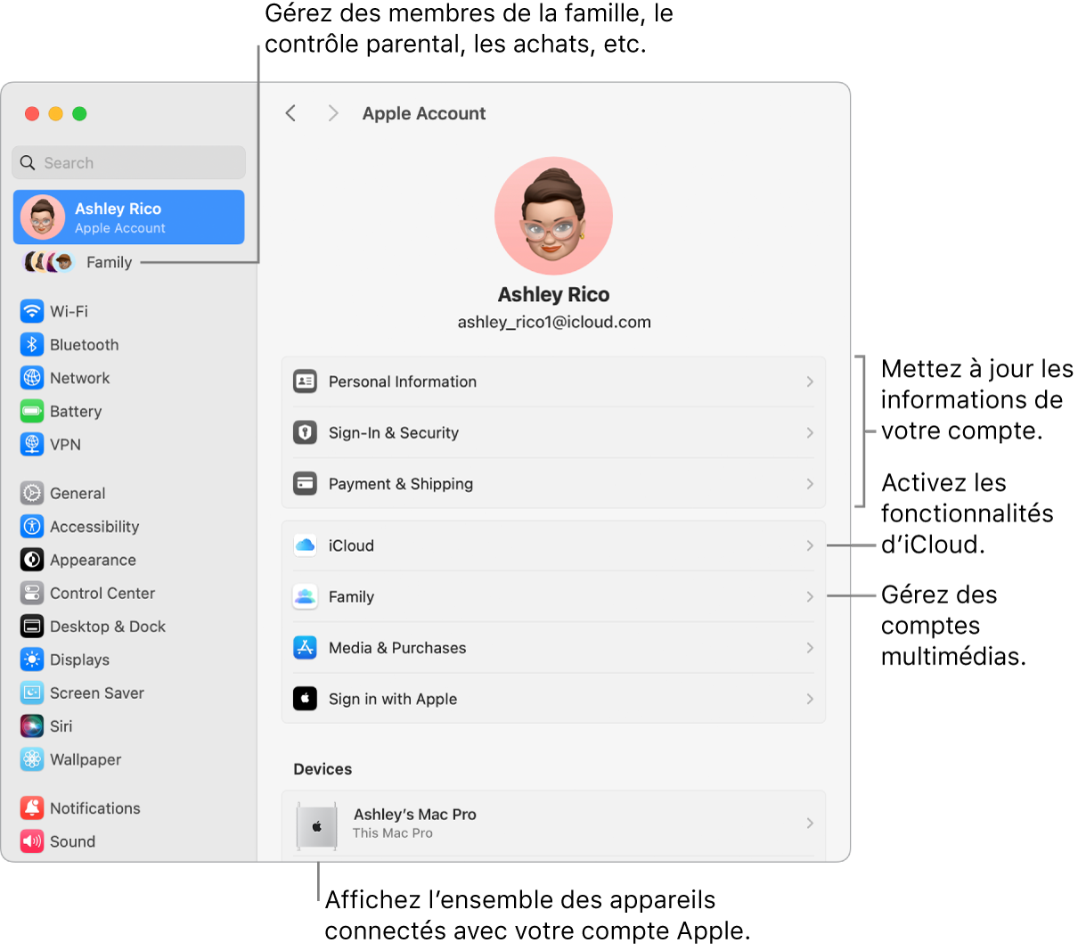 Réglages du compte Apple dans « Réglages Système » avec des légendes pour la mise à jour des informations du compte, l’activation ou la désactivation des fonctionnalités iCloud, la gestion des comptes multimédias, et Famille, où vous pouvez gérer les membres de votre famille, le contrôle parental, les achats, et plus encore.