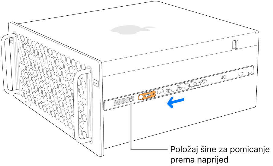 Mac Pro s nosačem koji se pomiče prema naprijed i zaključava na svom mjestu.