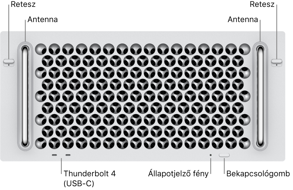 A Mac Pro elülső oldala két retesszel, két antennával, a főkapcsolóval, az állapotjelző fénnyel és két Thunderbolt 4- (USB-C) porttal.