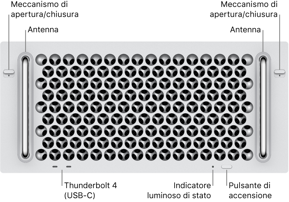 La parte anteriore di Mac Pro che mostra due fermi, due antenne, il tasto di accensione, un indicatore luminoso di stato e due porte Thunderbolt 4 (USB-C).