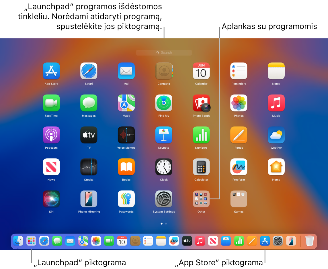 „Mac“ ekrane atidaryta funkcija „Launchpad“: rodomas „Launchpad“ programų aplankas, „Dock“ juostoje matomos „Launchpad“ ir „App Store“ piktogramos.